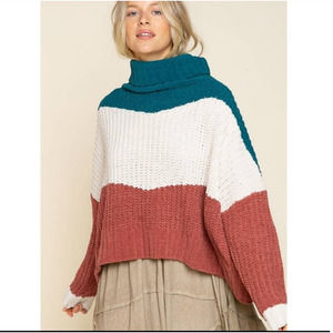POL Colorblock Cowl Neck Sweater in Teal, White & Rust